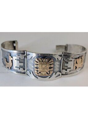 Signed JFG Peruvian 925 Sterling 18k Gold Applique Storyteller Bracelet 61g